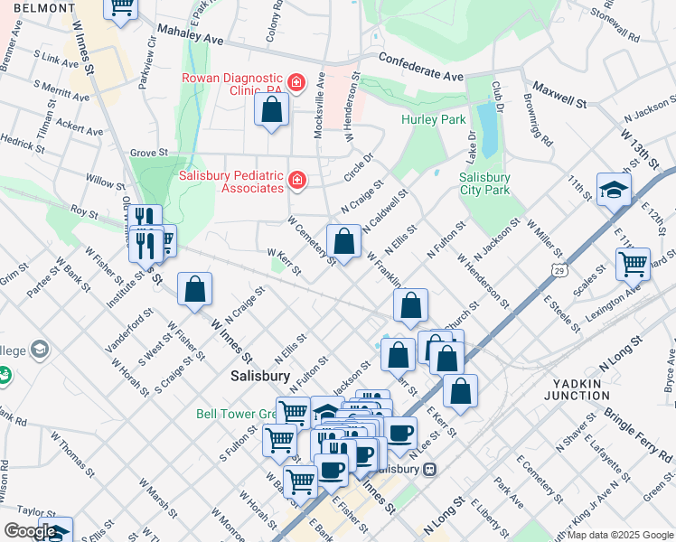 map of restaurants, bars, coffee shops, grocery stores, and more near 420 North Ellis Street in Salisbury