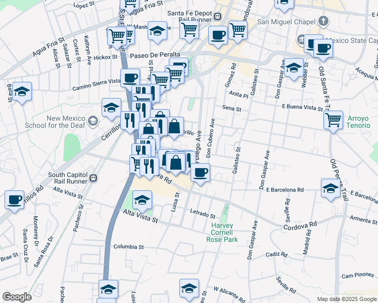 map of restaurants, bars, coffee shops, grocery stores, and more near 513 Camino De Los Marquez in Santa Fe