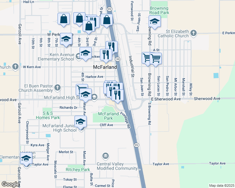 map of restaurants, bars, coffee shops, grocery stores, and more near 50 West Sherwood Avenue in McFarland