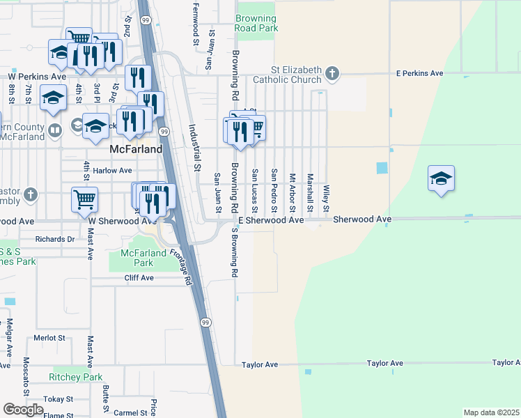 map of restaurants, bars, coffee shops, grocery stores, and more near 348 East Sherwood Avenue in McFarland