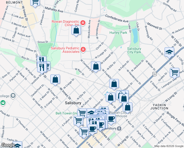 map of restaurants, bars, coffee shops, grocery stores, and more near 420 North Ellis Street in Salisbury