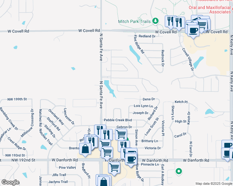 map of restaurants, bars, coffee shops, grocery stores, and more near 2104 Fair Meadow Drive in Edmond