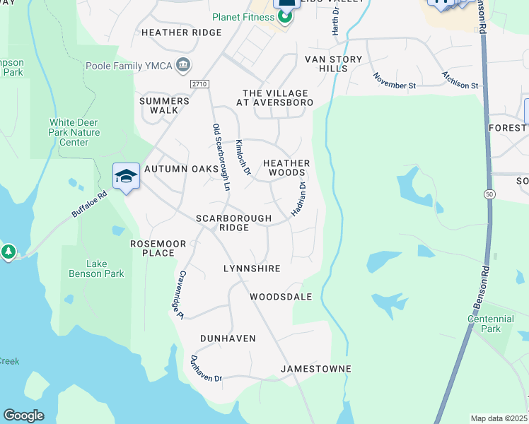 map of restaurants, bars, coffee shops, grocery stores, and more near 521 Grail Place in Garner