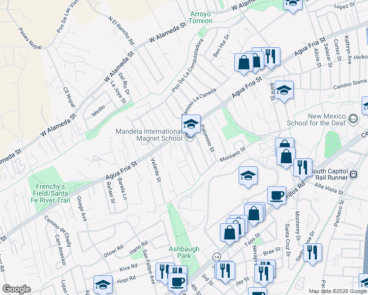 map of restaurants, bars, coffee shops, grocery stores, and more near 1616 Agua Fria Street in Santa Fe