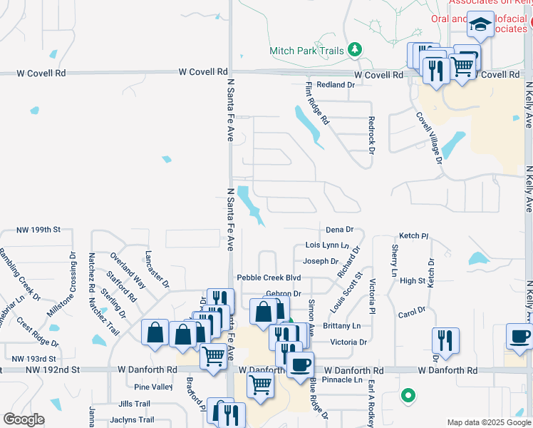 map of restaurants, bars, coffee shops, grocery stores, and more near 2104 Fair Meadow Drive in Edmond