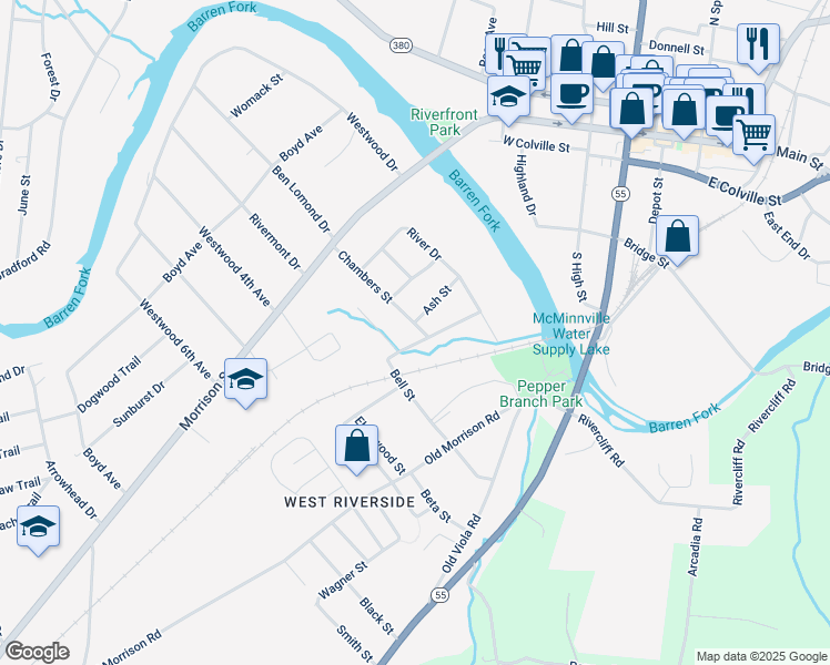 map of restaurants, bars, coffee shops, grocery stores, and more near 500 Bell Street in McMinnville