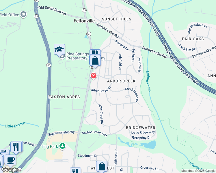 map of restaurants, bars, coffee shops, grocery stores, and more near 301 Arbor Creek Drive in Holly Springs