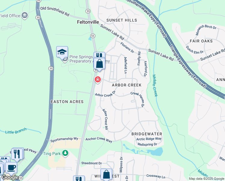 map of restaurants, bars, coffee shops, grocery stores, and more near 301 Arbor Creek Drive in Holly Springs