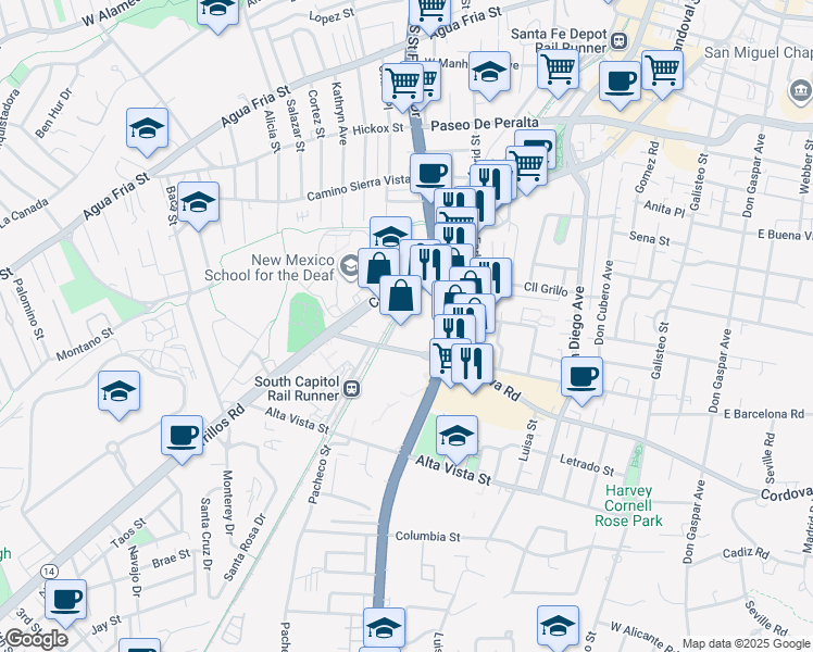 map of restaurants, bars, coffee shops, grocery stores, and more near 1029 West Cordova Road in Santa Fe