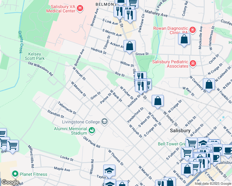 map of restaurants, bars, coffee shops, grocery stores, and more near 1116 West Bank Street in Salisbury