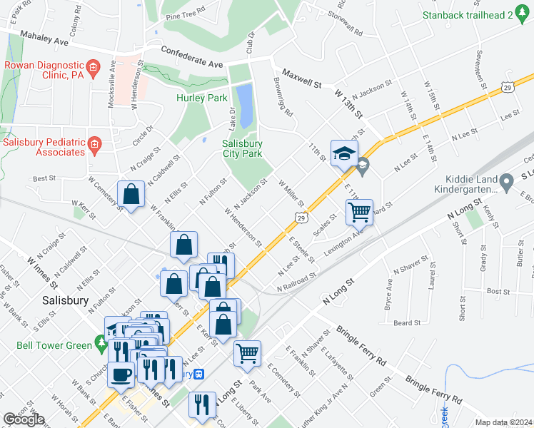 map of restaurants, bars, coffee shops, grocery stores, and more near 899 North Church Street in Salisbury