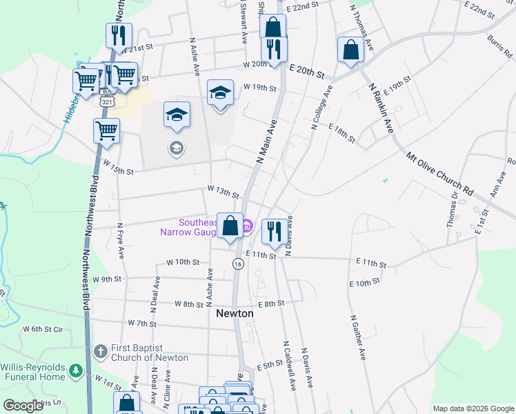 map of restaurants, bars, coffee shops, grocery stores, and more near 1147 North Main Avenue in Newton