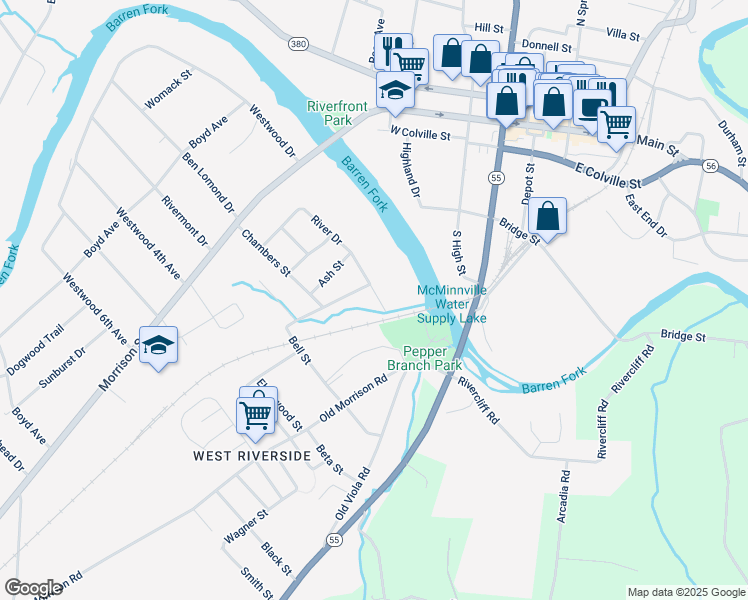 map of restaurants, bars, coffee shops, grocery stores, and more near 326 River Drive in McMinnville