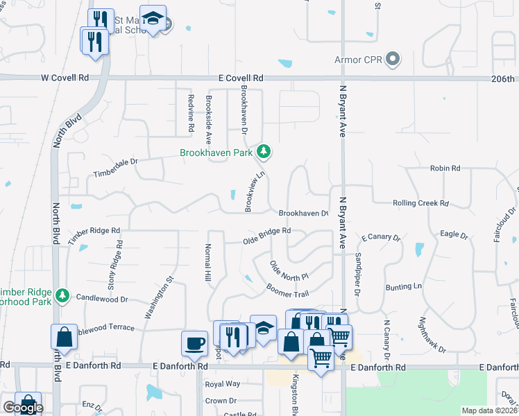 map of restaurants, bars, coffee shops, grocery stores, and more near 1018 Sunny Brook Drive in Edmond