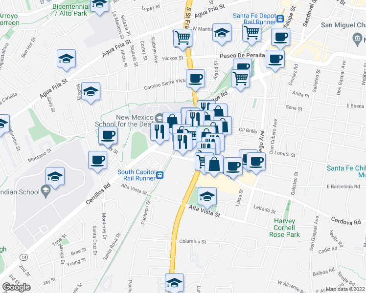 map of restaurants, bars, coffee shops, grocery stores, and more near 950 227 West Cordova Road in Santa Fe