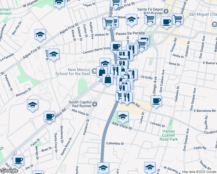 map of restaurants, bars, coffee shops, grocery stores, and more near 950 West Cordova Road in Santa Fe
