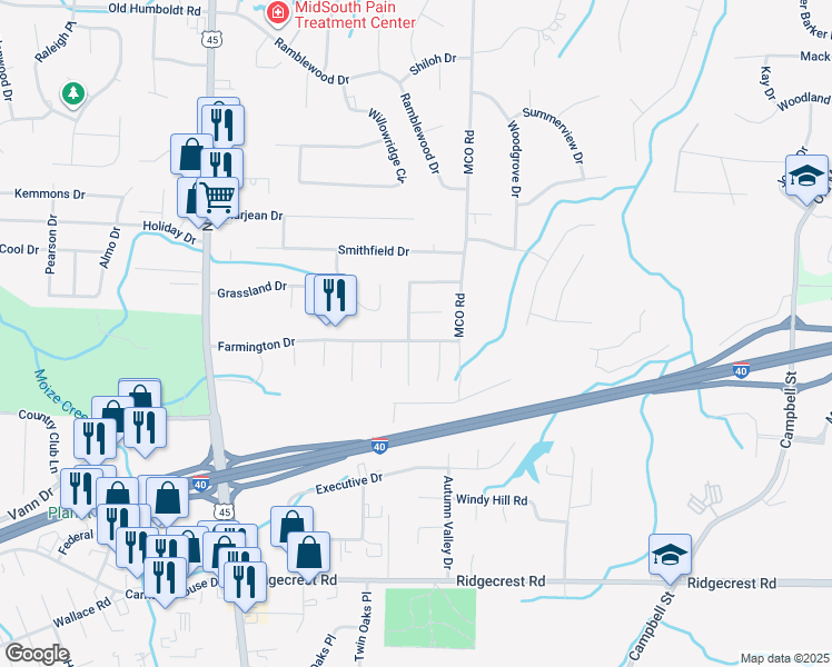 map of restaurants, bars, coffee shops, grocery stores, and more near 197 Farmington Drive in Jackson