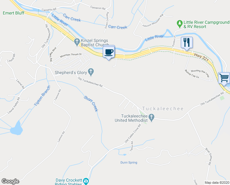 map of restaurants, bars, coffee shops, grocery stores, and more near 7237 Old Tuckaleechee Road in Townsend