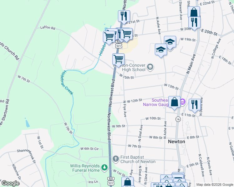 map of restaurants, bars, coffee shops, grocery stores, and more near 618 West 12th Street in Newton