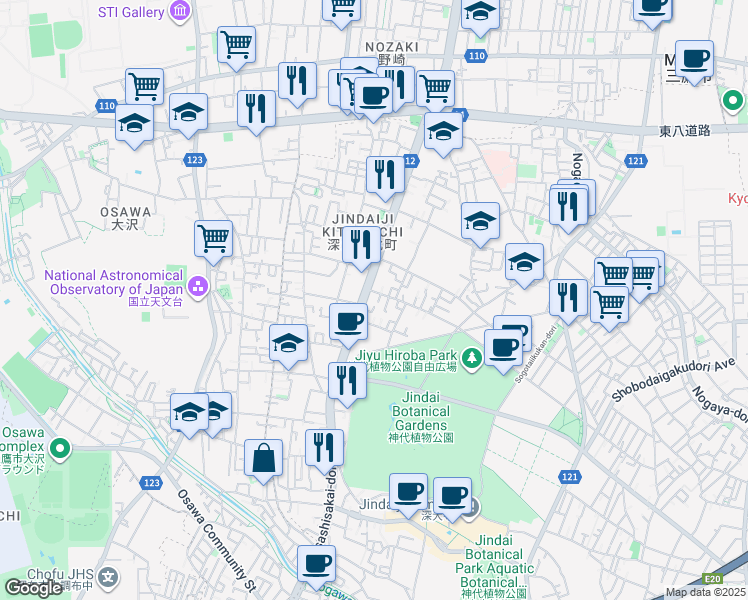 map of restaurants, bars, coffee shops, grocery stores, and more near in Chofu