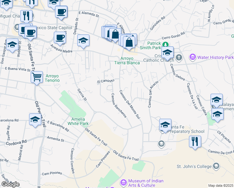 map of restaurants, bars, coffee shops, grocery stores, and more near 541 Camino Rancheros in Santa Fe