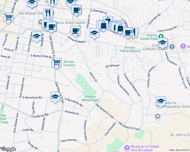 map of restaurants, bars, coffee shops, grocery stores, and more near 659 Garcia Street in Santa Fe