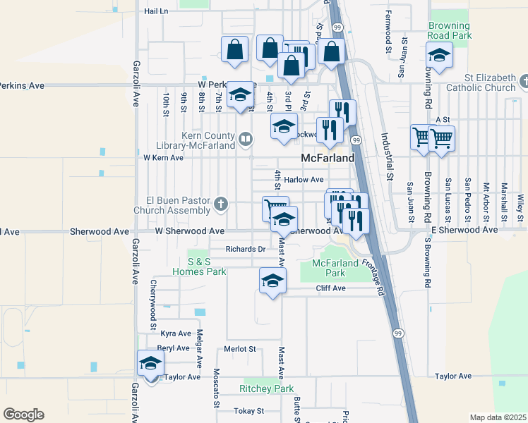 map of restaurants, bars, coffee shops, grocery stores, and more near 446 California Avenue in McFarland