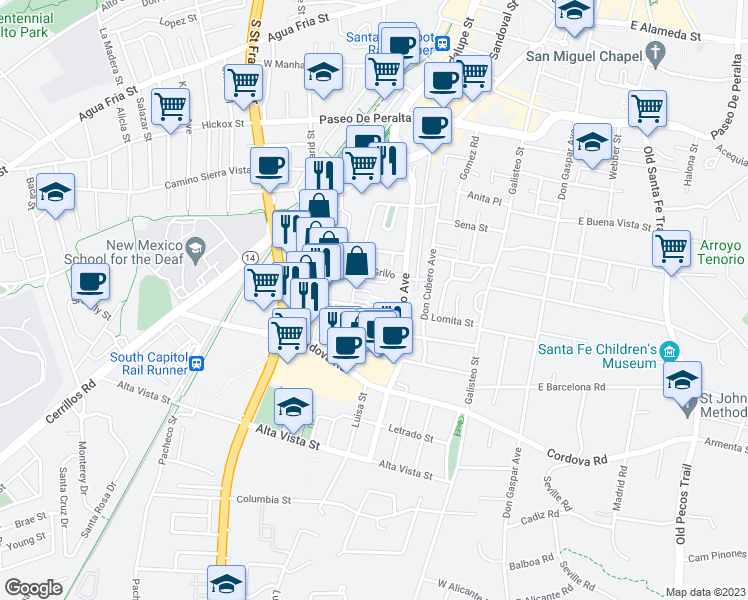 map of restaurants, bars, coffee shops, grocery stores, and more near 1012 Marquez Place in Santa Fe