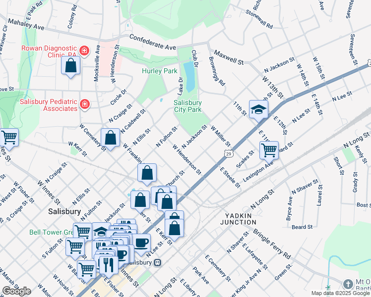 map of restaurants, bars, coffee shops, grocery stores, and more near 312 West Henderson Street in Salisbury