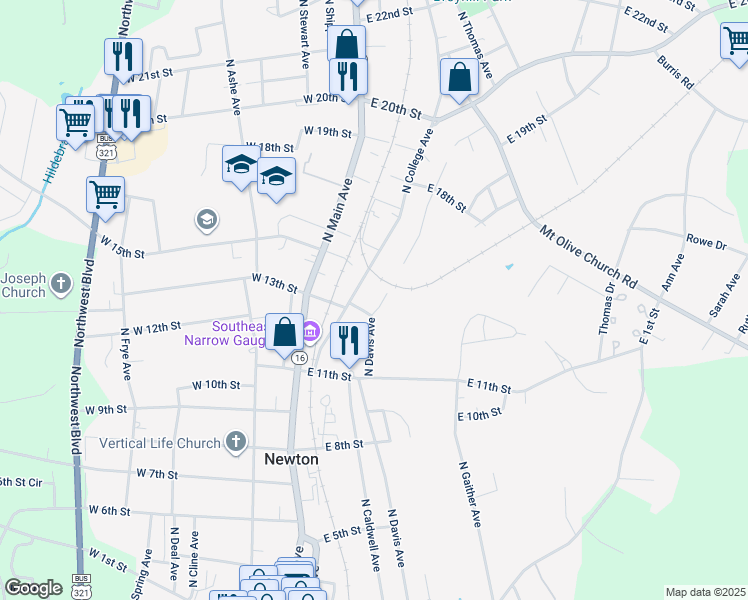 map of restaurants, bars, coffee shops, grocery stores, and more near 1310 North Davis Avenue in Newton