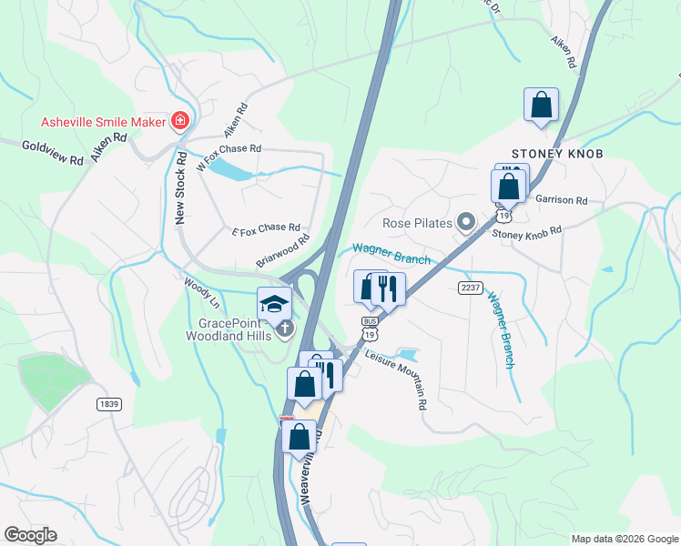 map of restaurants, bars, coffee shops, grocery stores, and more near 27 Marlwood Court in Asheville