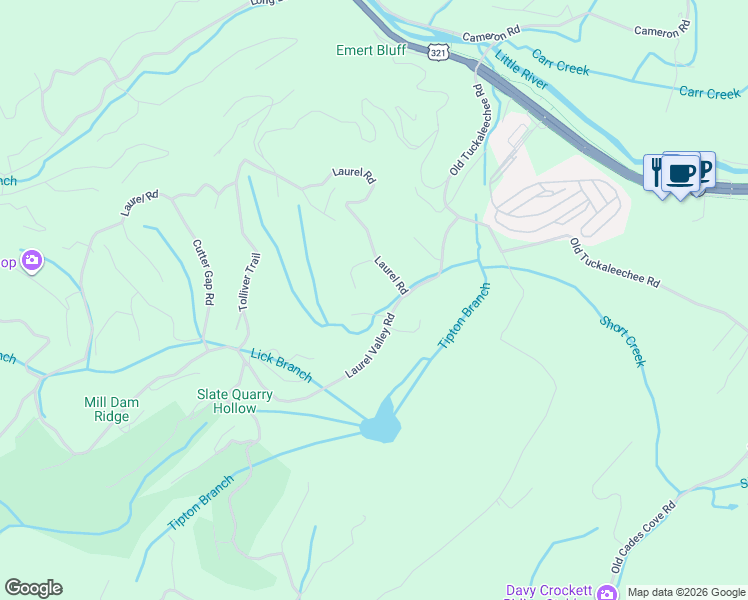 map of restaurants, bars, coffee shops, grocery stores, and more near 1161 Laurel Road in Townsend