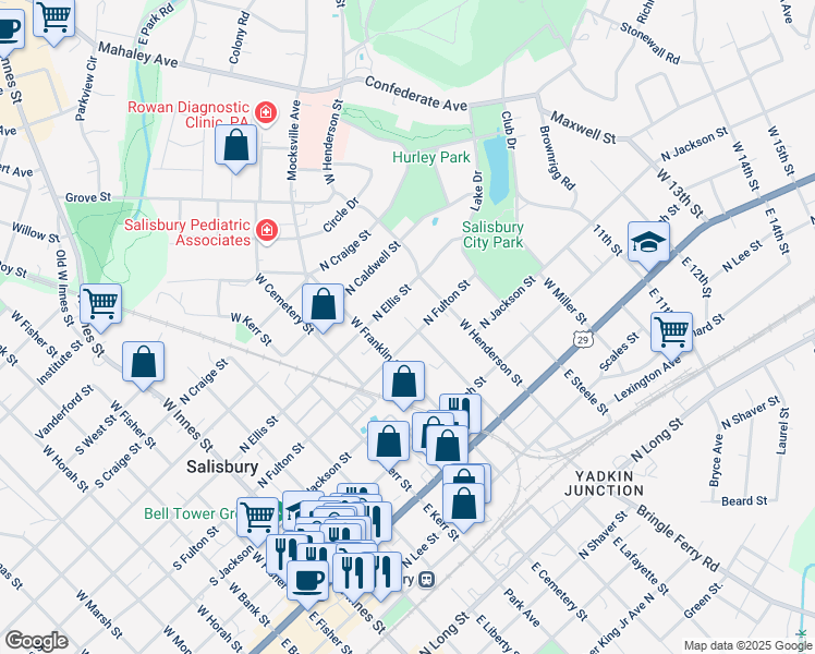 map of restaurants, bars, coffee shops, grocery stores, and more near 631 North Ellis Street in Salisbury