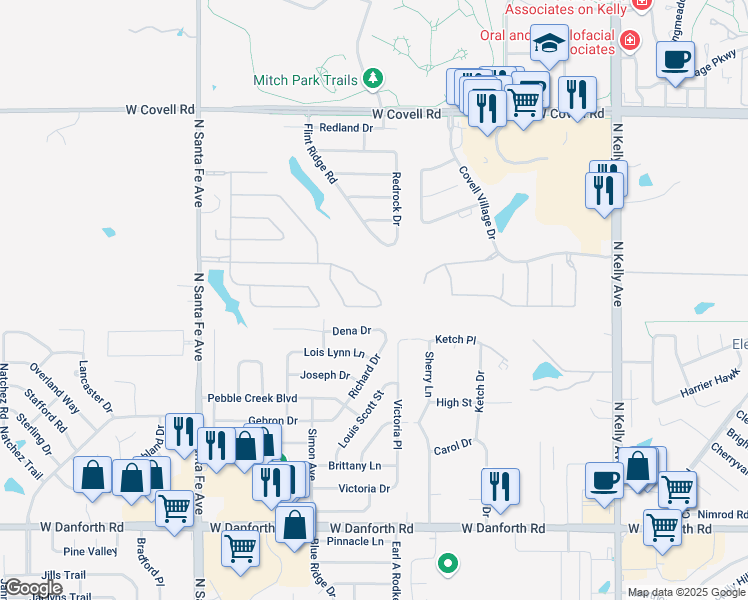 map of restaurants, bars, coffee shops, grocery stores, and more near 1713 Del Simmons Drive in Edmond