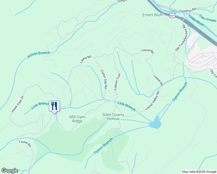 map of restaurants, bars, coffee shops, grocery stores, and more near 128 Cutter Gap Road in Townsend