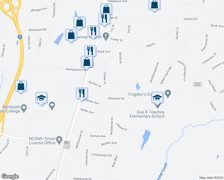 map of restaurants, bars, coffee shops, grocery stores, and more near 228 Anchor Drive in Asheboro