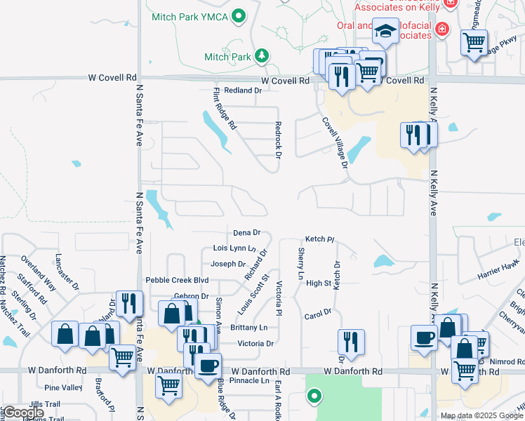 map of restaurants, bars, coffee shops, grocery stores, and more near 1709 Fawn Valley Lane in Edmond