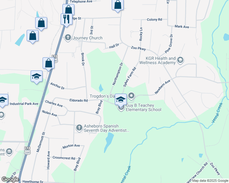 map of restaurants, bars, coffee shops, grocery stores, and more near Northampton Drive in Asheboro