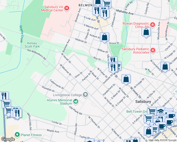 map of restaurants, bars, coffee shops, grocery stores, and more near 1216 West Bank Street in Salisbury