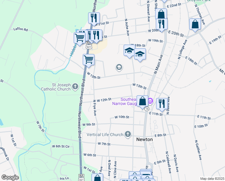 map of restaurants, bars, coffee shops, grocery stores, and more near 339 West 13th Street in Newton