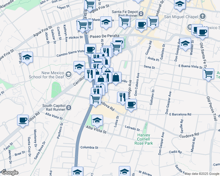 map of restaurants, bars, coffee shops, grocery stores, and more near 618 Don Canuto Street in Santa Fe