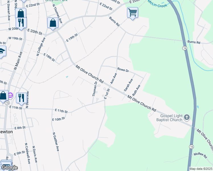 map of restaurants, bars, coffee shops, grocery stores, and more near 801 Mount Olive Church Road in Newton