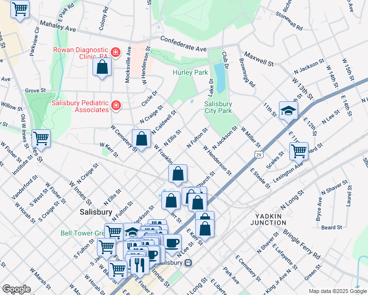 map of restaurants, bars, coffee shops, grocery stores, and more near 702 North Fulton Street in Salisbury