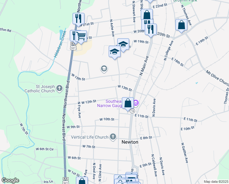 map of restaurants, bars, coffee shops, grocery stores, and more near 1216 N Ashe Ave in Newton