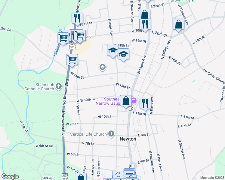 map of restaurants, bars, coffee shops, grocery stores, and more near 1216 N Ashe Ave in Newton