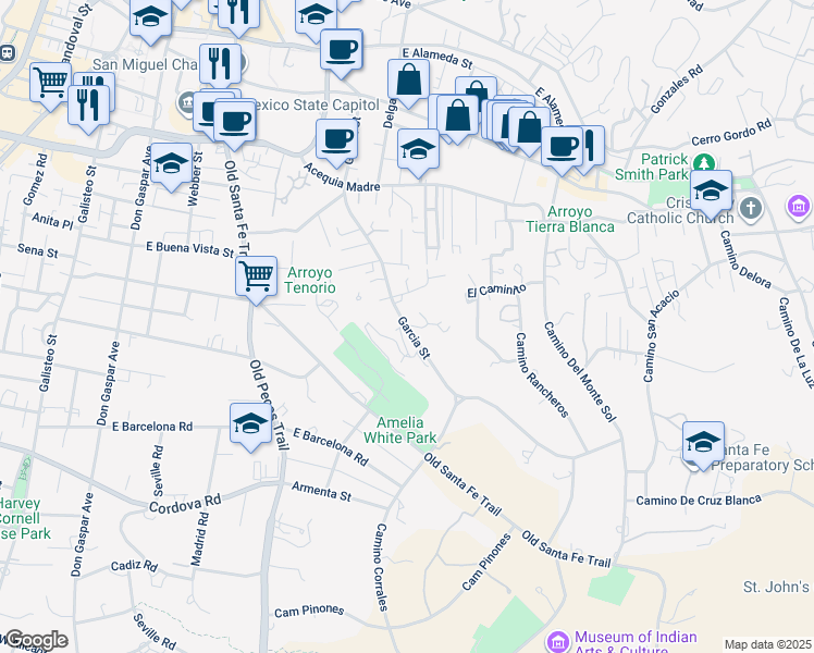 map of restaurants, bars, coffee shops, grocery stores, and more near 655 Garcia Street in Santa Fe