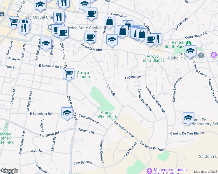 map of restaurants, bars, coffee shops, grocery stores, and more near 646 Garcia Street in Santa Fe