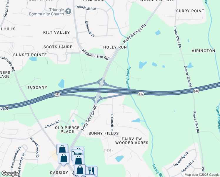 map of restaurants, bars, coffee shops, grocery stores, and more near 205 North Carroll Street in Apex