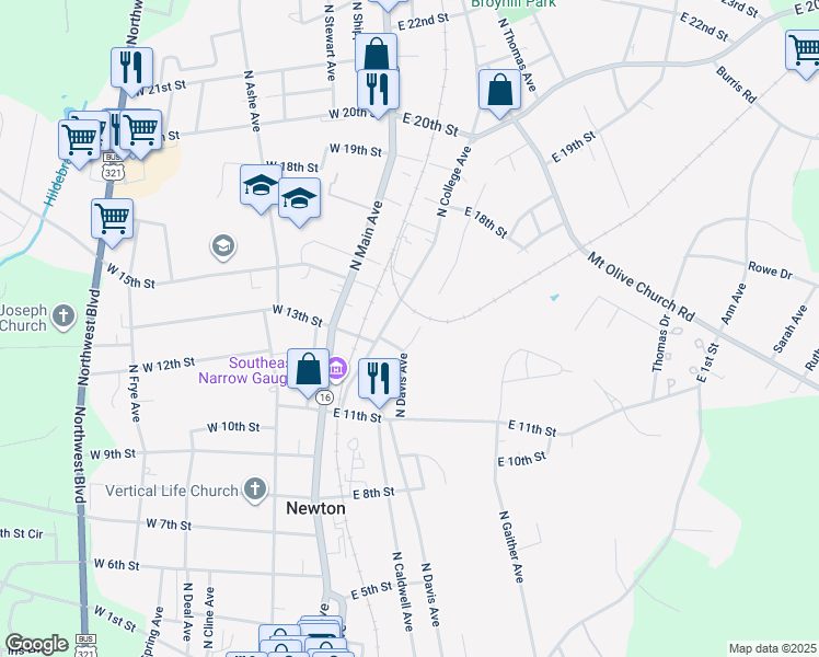 map of restaurants, bars, coffee shops, grocery stores, and more near 1312 North Davis Avenue in Newton
