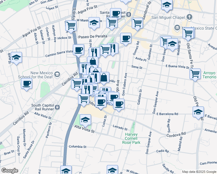 map of restaurants, bars, coffee shops, grocery stores, and more near 1012 Marquez Place in Santa Fe
